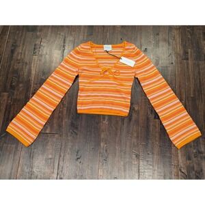 Retro Cropped Sweater Womens S Orange Pink‎ Stripe V Neck Flare  Sleeve Stretchy